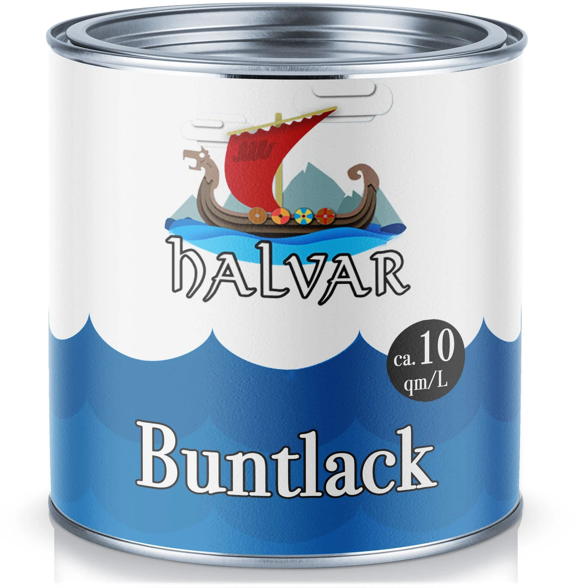 Puszka lakieru HALVAR Buntlack z dekoracyjną etykietą ze statkiem Wikingów. Wydajność ok. 10 m²/L.