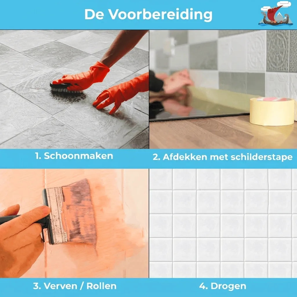 Voorbereiding en aanbrengen van tegellak: reinigen, afplakken met tape, schilderen en drogen.