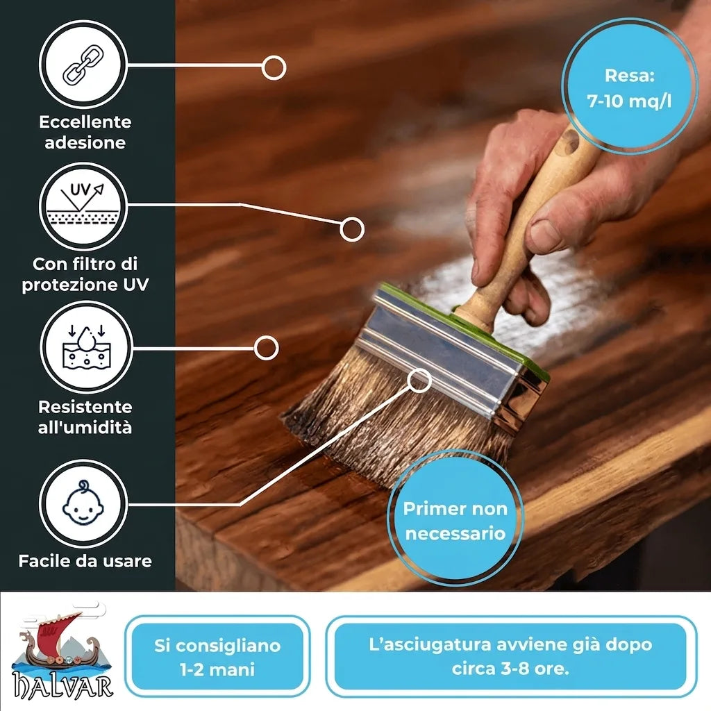 Trattamento legno Halvar con adesione, protezione UV, resistente all'umidità. Facile, no primer, 1-2 strati, asciuga 3-8h.