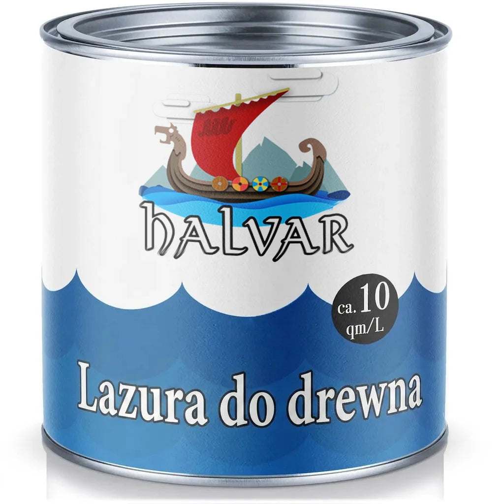 Puszka lazury do drewna HALVAR z logo statku wikingów, informacja o wydajności 10 mkw/l.