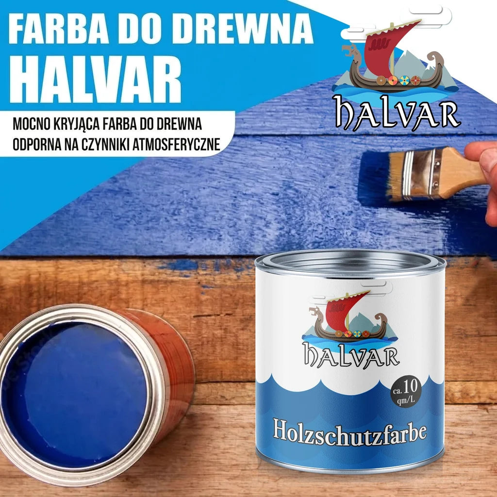 Farba do drewna HALVAR, niebieska. Puszka z napisem "Holzschutzfarbe", pędzel malujący drewno.