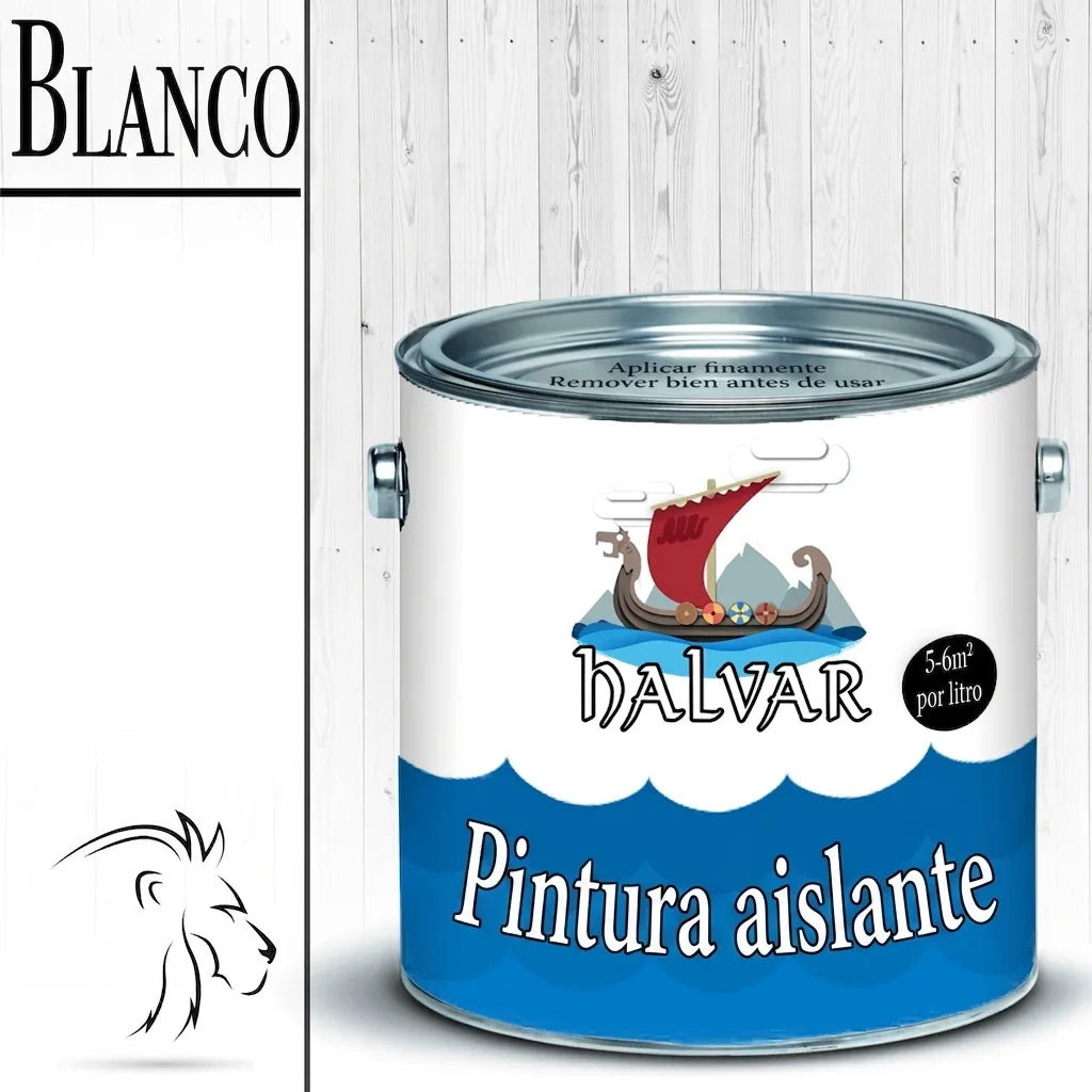 Bote de pintura aislante blanca Halvar con logo de drakkar vikingo. Cobertura: 5-6m² por litro.