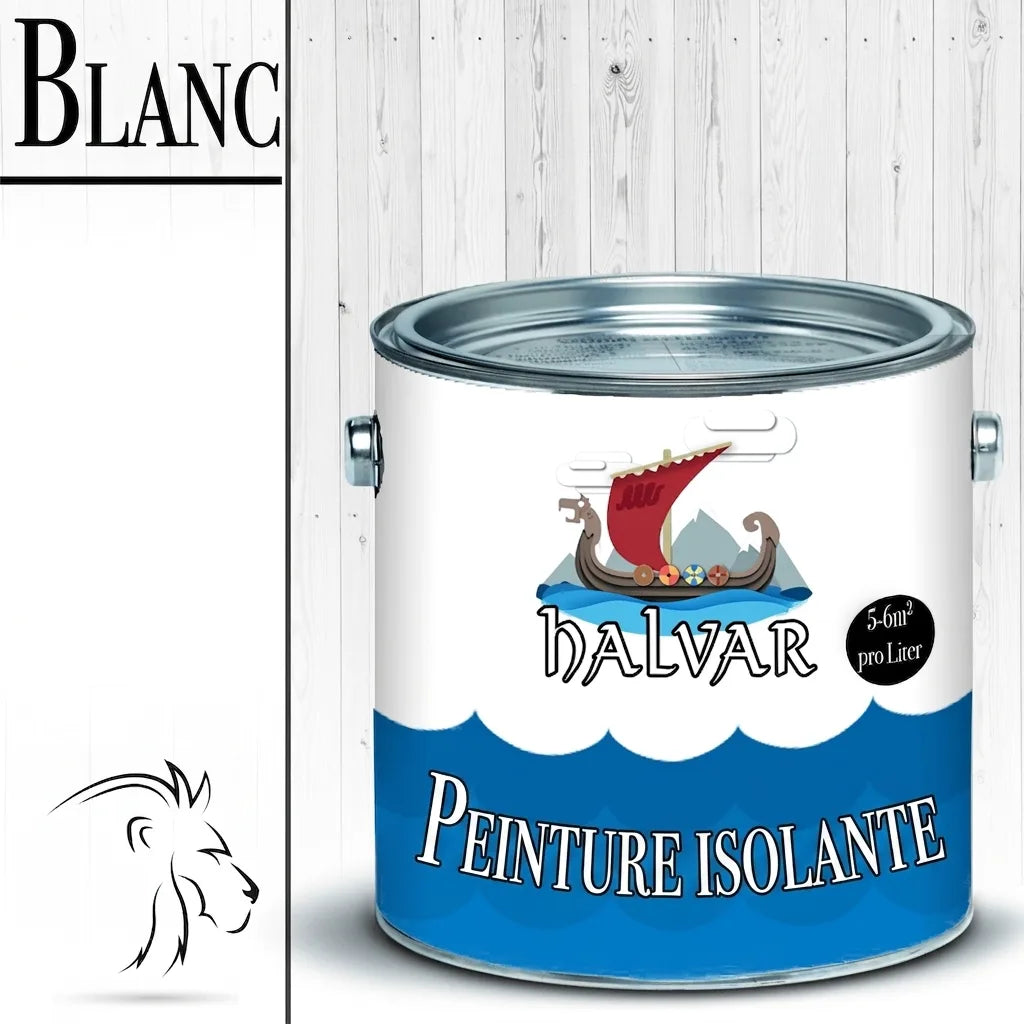 Pot de peinture isolante blanche Halvar avec logo drakkar et rendement 5-6m²/litre. Logo tête de lion.