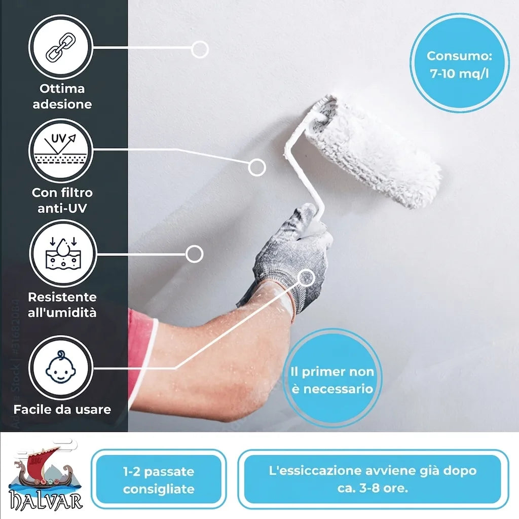 Vernice murale: mano dipinge parete, testo tedesco evidenzia adesione, protezione UV, resistenza umidità, nessun primer, consumo 7-10 mq/l, 