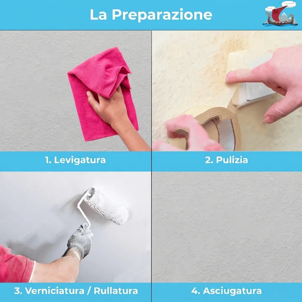 La preparazione: 1. Levigatura, 2. Pulizia, 3. Pittura/Rullatura, 4. Asciugatura della parete.