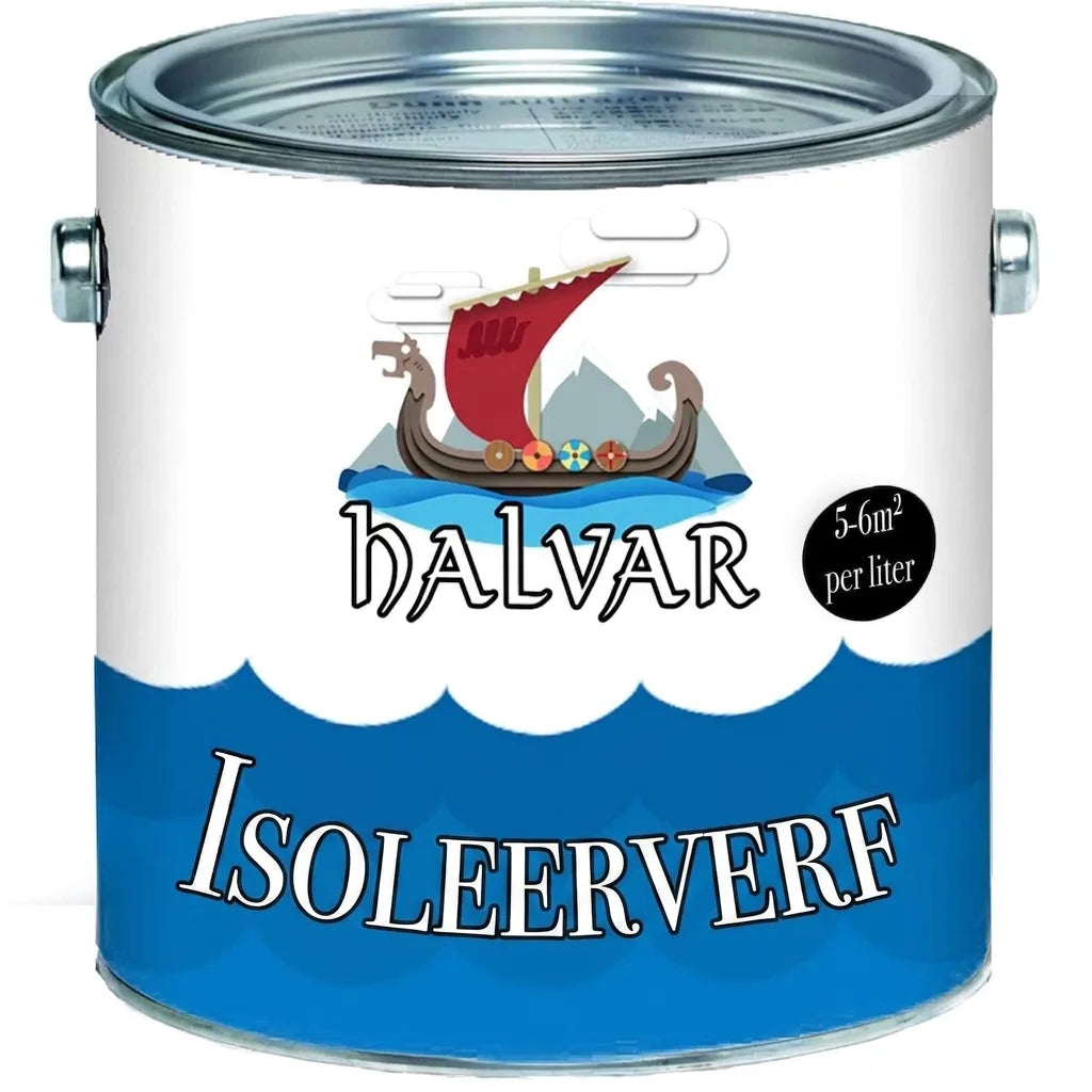 Halvar isolerende verfblik met Viking schip logo, met label 5-6m² per liter