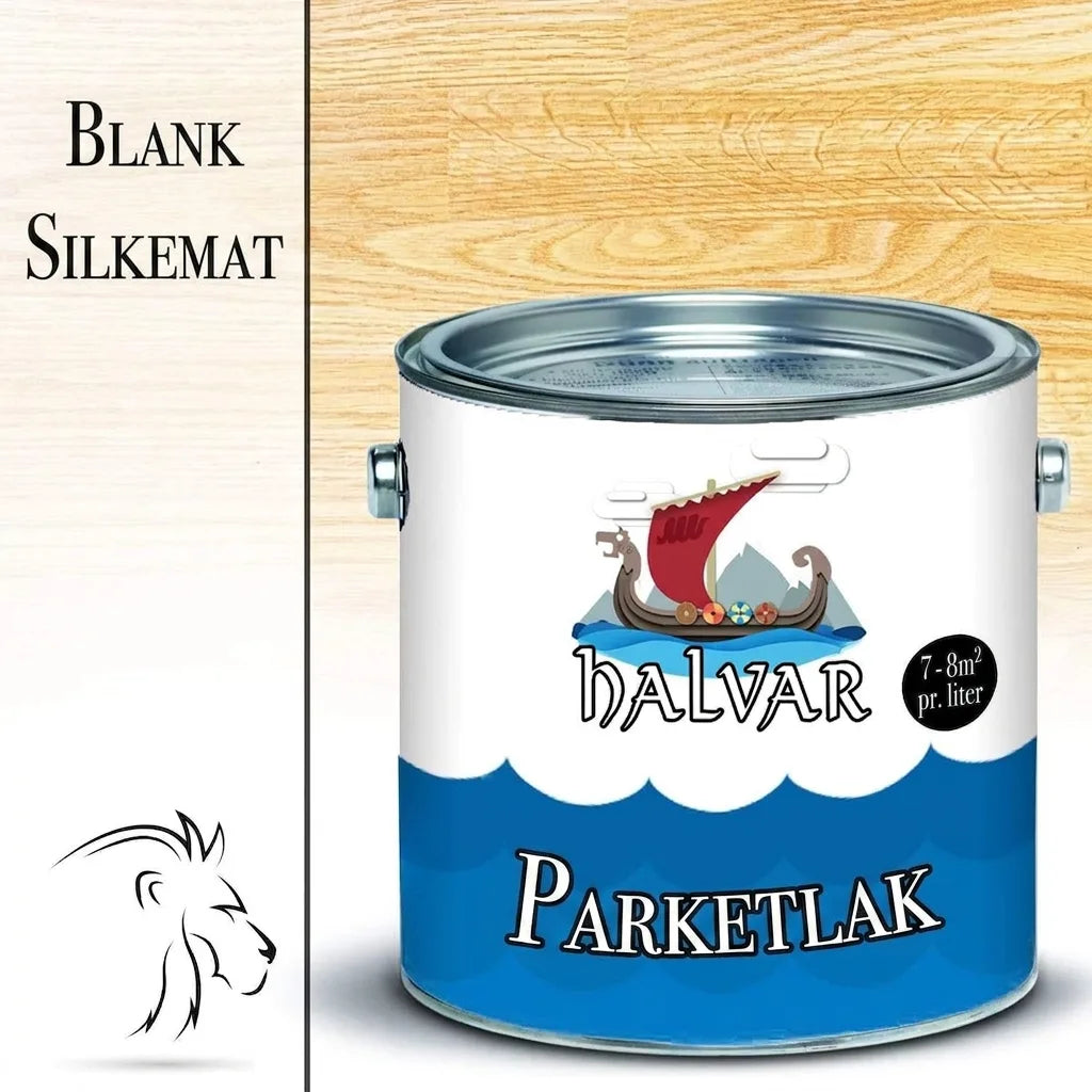 Halvar Parketlak dåse: Blank og silkemat finish, 7-8 m² pr. liter, med vikingeskib på etiketten.