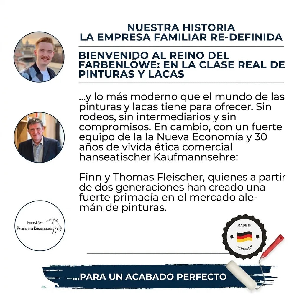 Historia de FarbenLöwe, empresa familiar alemana de pinturas y barnices. Destaca calidad, venta directa y sello Made in Germany.