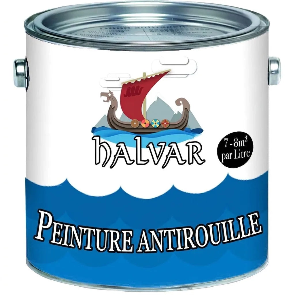 Pot de peinture antirouille HALVAR blanc et bleu avec drakkar. Texte 'ROSTSCHUTZFARBE', '7-8m² pro Liter'.