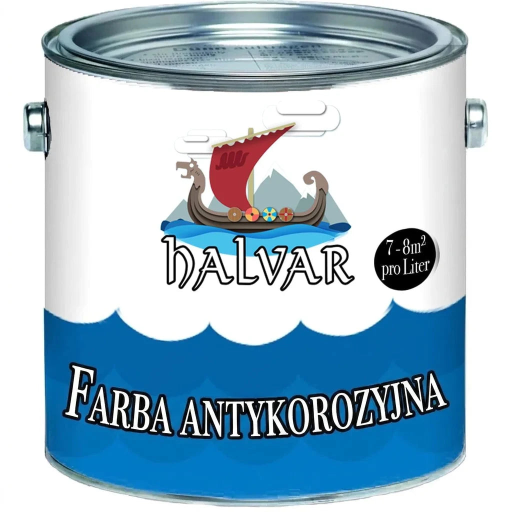 Puszka farby antykorozyjnej Halvar z łodzią wikingów. Etykieta: Rostschutzfarbe, 7-8m²/litr.