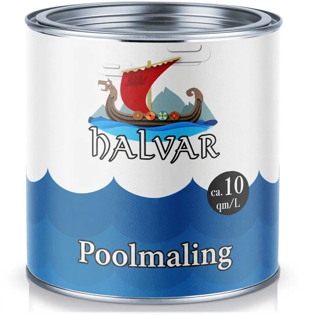 Halvar svømmebassinmaling dåse med vikingeskib, blåt bølgemønster og dækningsinformation ca. 10 kvm/L.