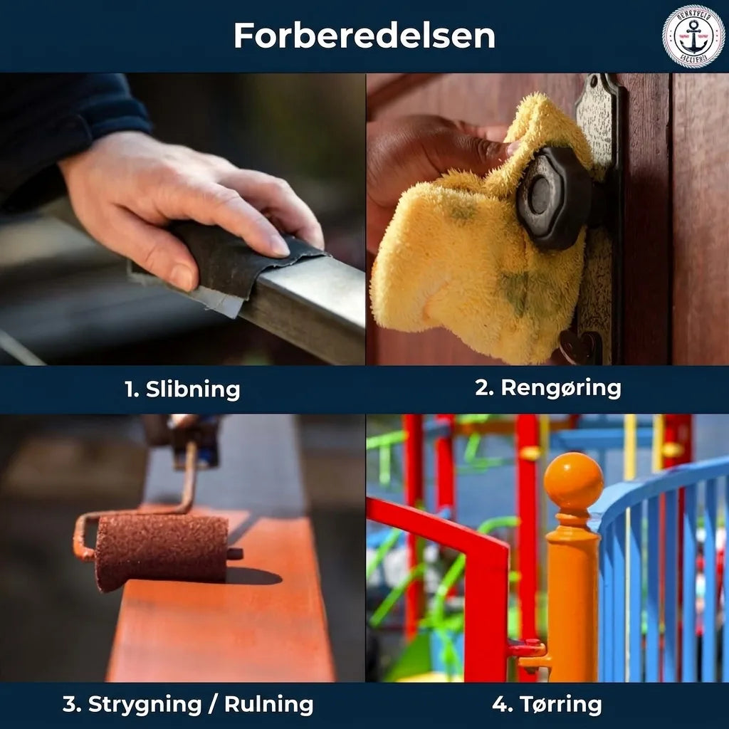 Trin-for-trin guide til forberedelse: slibning, rengøring, maling/rullning og tørring.