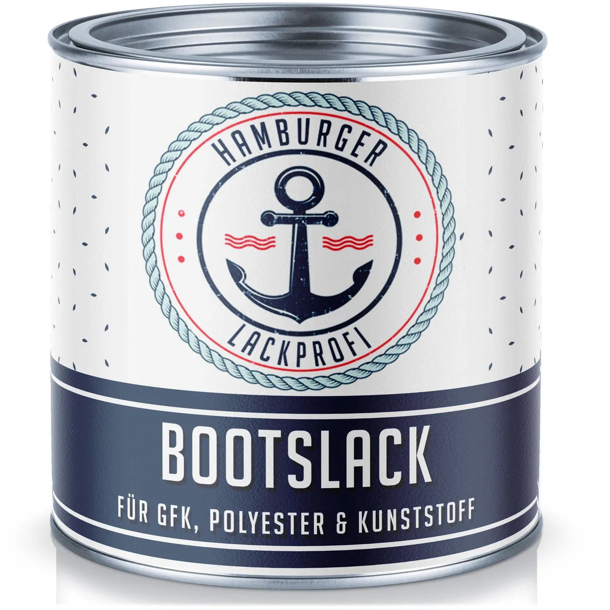 Dåse med Hamburger Lackprofi bådlak. Mørkeblå og hvid etiket med ankerlogo og teksten BOOTSLACK.