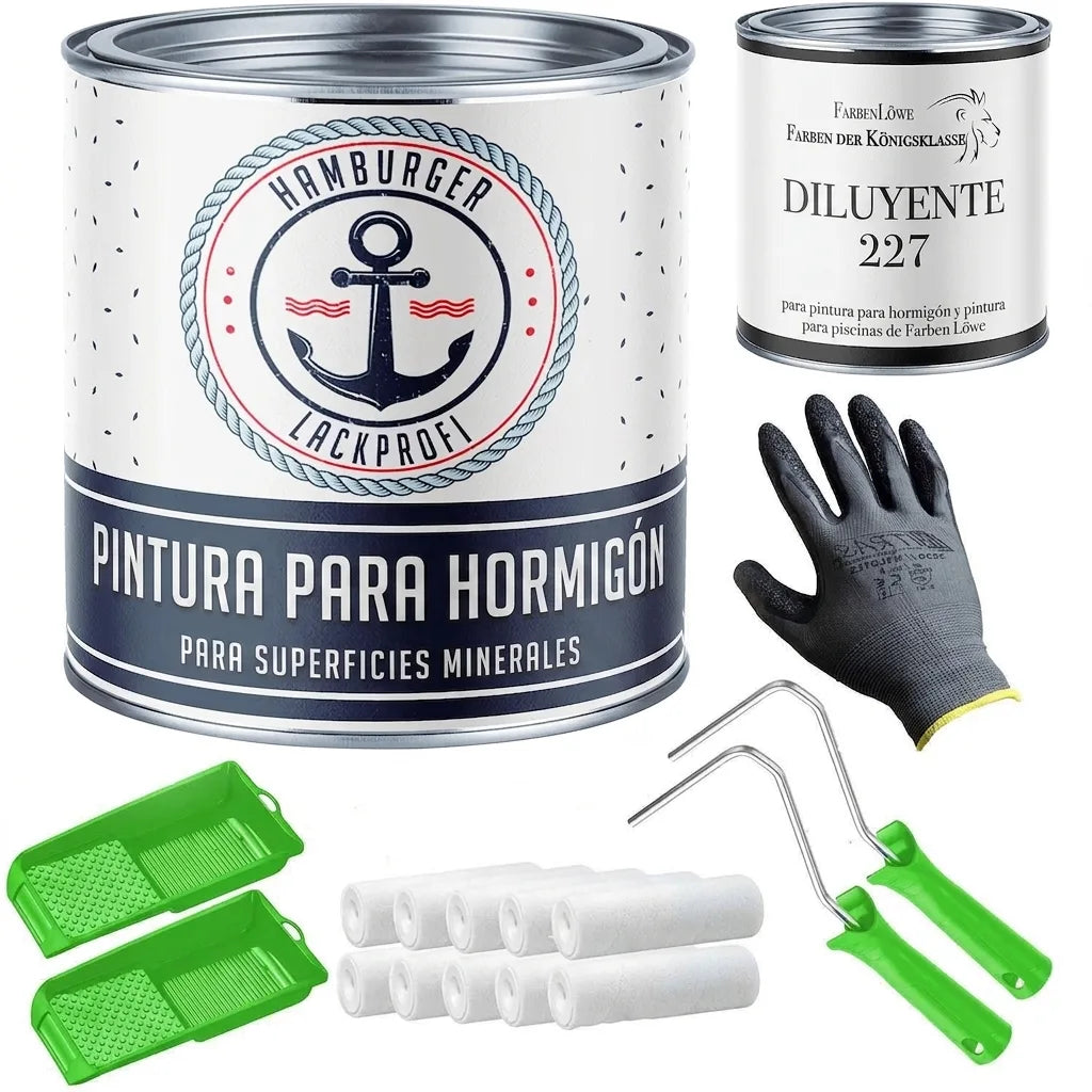 Kit de pintura de hormigón con lata de pintura, diluyente, rodillos, bandejas y guantes. Marca Hamburger Lackprofi.