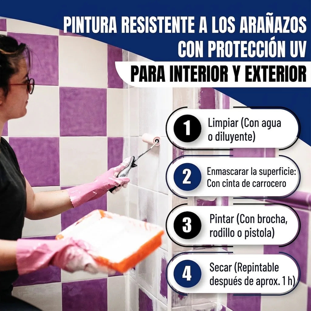 Mujer pintando azulejos de baño. Banner: pintura resistente a arañazos con protección UV para interiores y exteriores. Lista de pasos: limpi