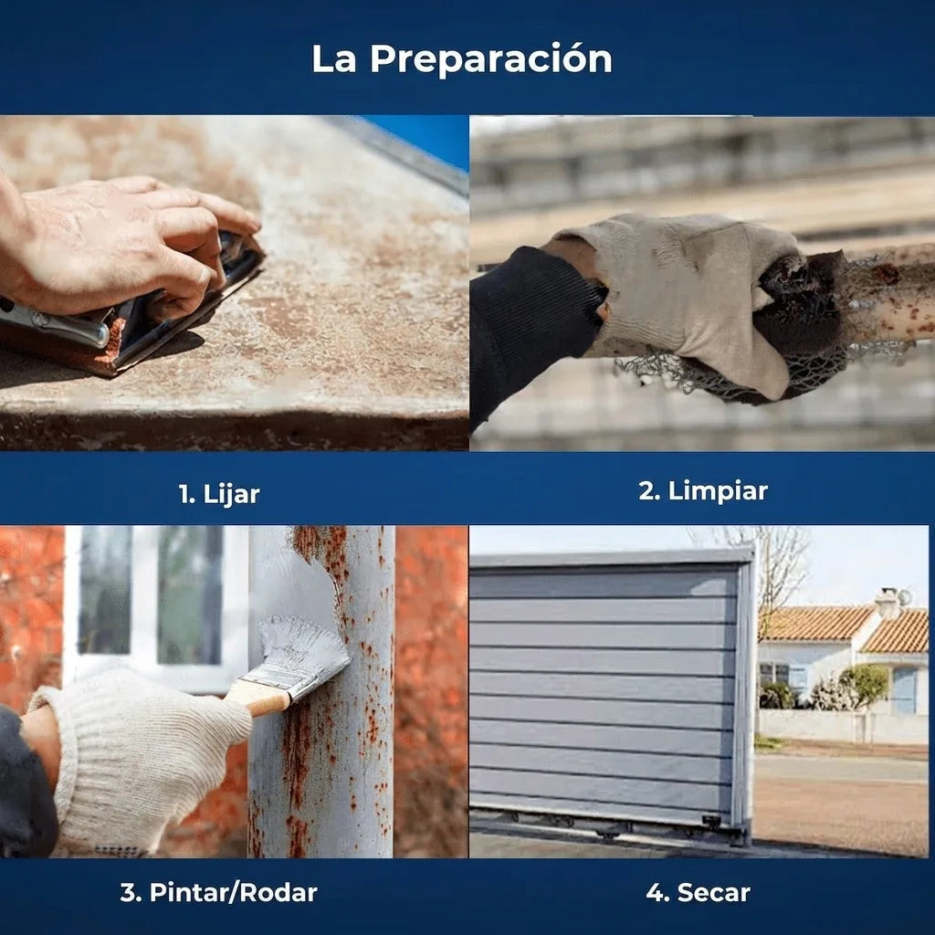 Pasos para preparar superficies: 1. lijar, 2. limpiar, 3. pintar/aplicar, 4. secar. Guía visual.