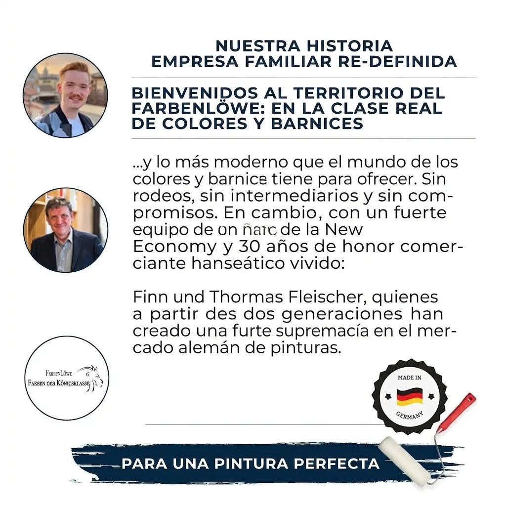 Historia de Farbenlöwe, empresa familiar con Finn y Thomas Fleischer, destacando sus pinturas de 'clase real' alemanas.