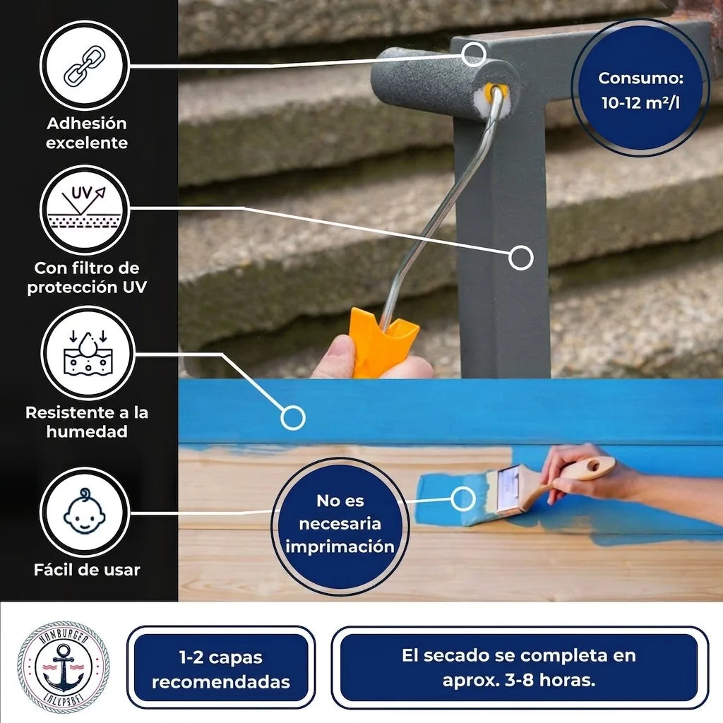 Características de pintura para madera y metal: alta adherencia, protección UV, resistente a humedad. Fácil uso, sin imprimación.