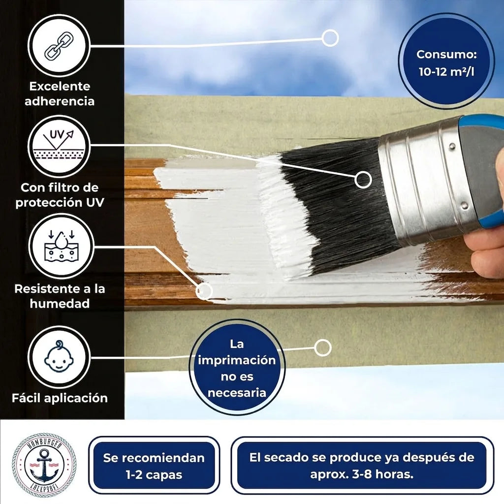 Pintura blanca aplicándose en madera. Características: alta adherencia, protección UV, resistente a humedad, fácil uso, secado 3-8h.