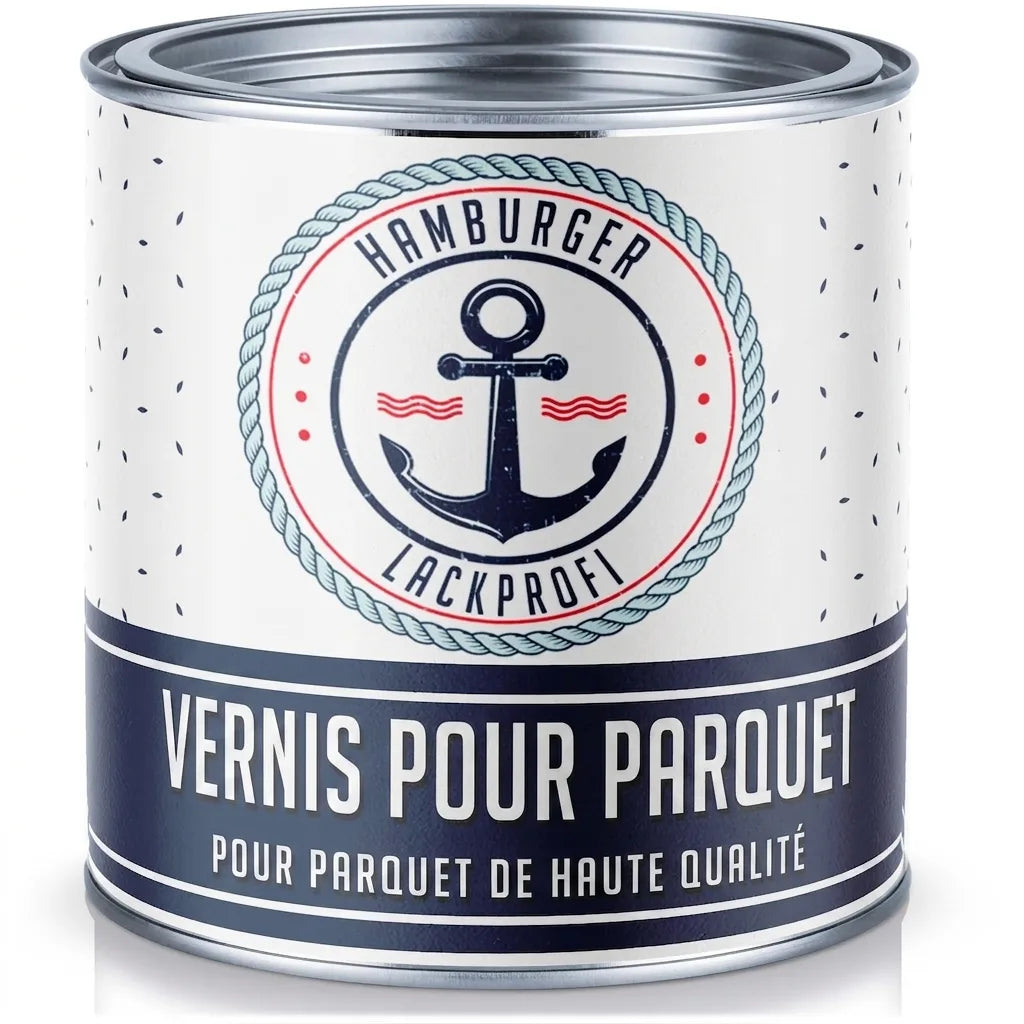 Bidon de vernis parquet Hamburger Lackprofi pour parquets de haute qualité, avec ancre marine, couleur bleu et blanc.