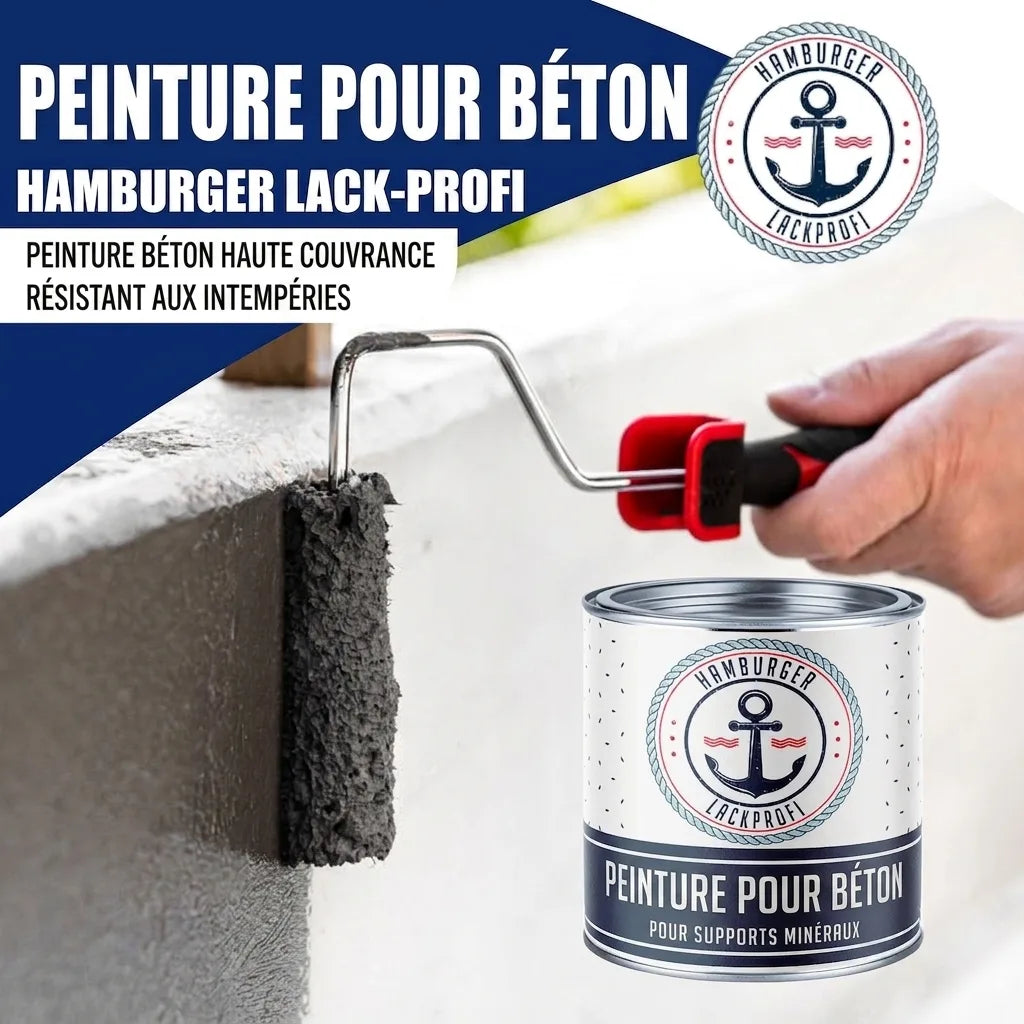 Peinture béton gris foncé résistante aux intempéries de Hamburger Lack-Profi, application au rouleau sur béton.