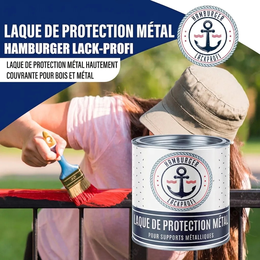 Peinture de protection métal Hamburger Lack-Profi pour bois et métal. Bidon et application sur clôture rouge.