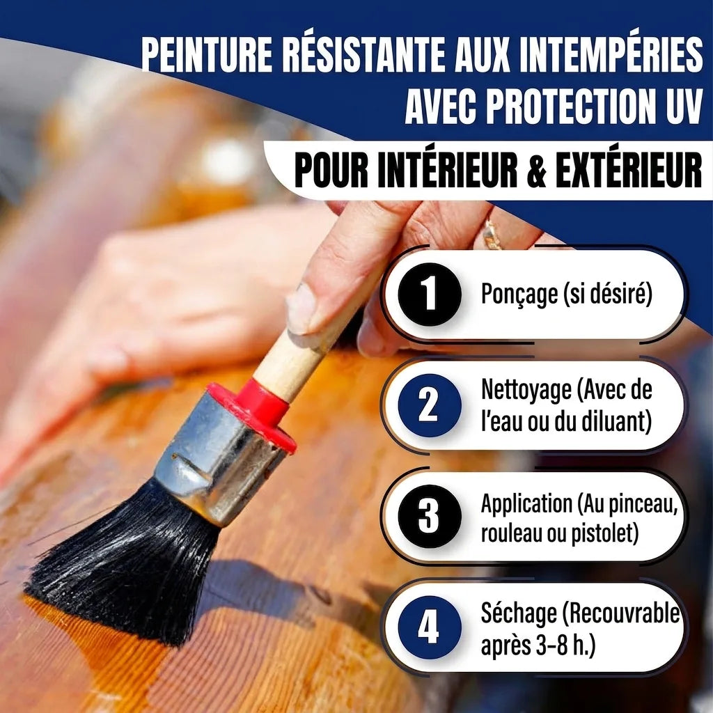 Peinture bois résistante UV intérieur/extérieur. Étapes: poncer, nettoyer, appliquer au pinceau, sécher.