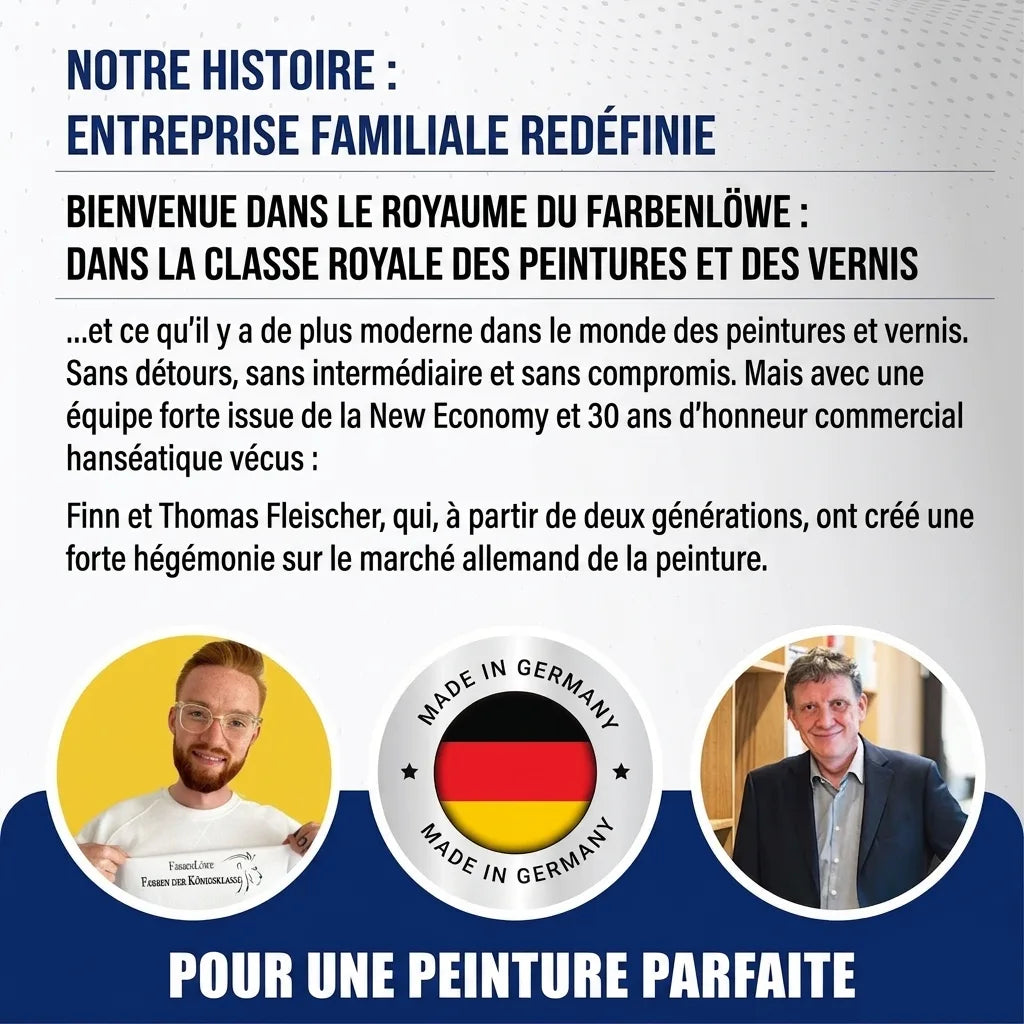 Titre sur l'entreprise familiale Fleischer, spécialisée en peintures, avec portraits des fondateurs et label Made in Germany.