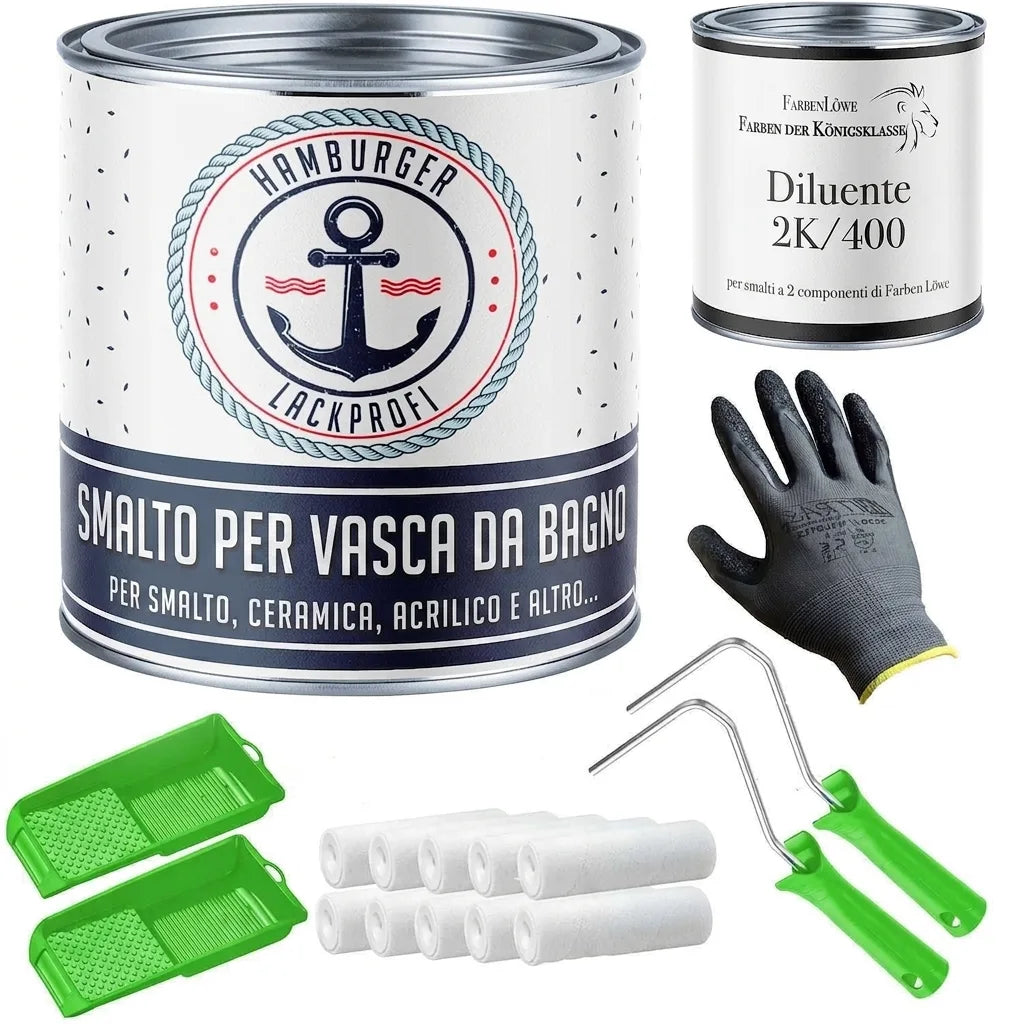 Kit completo per ristrutturazione vasca da bagno: smalto, diluente 2K, guanti, rulli e vaschette.