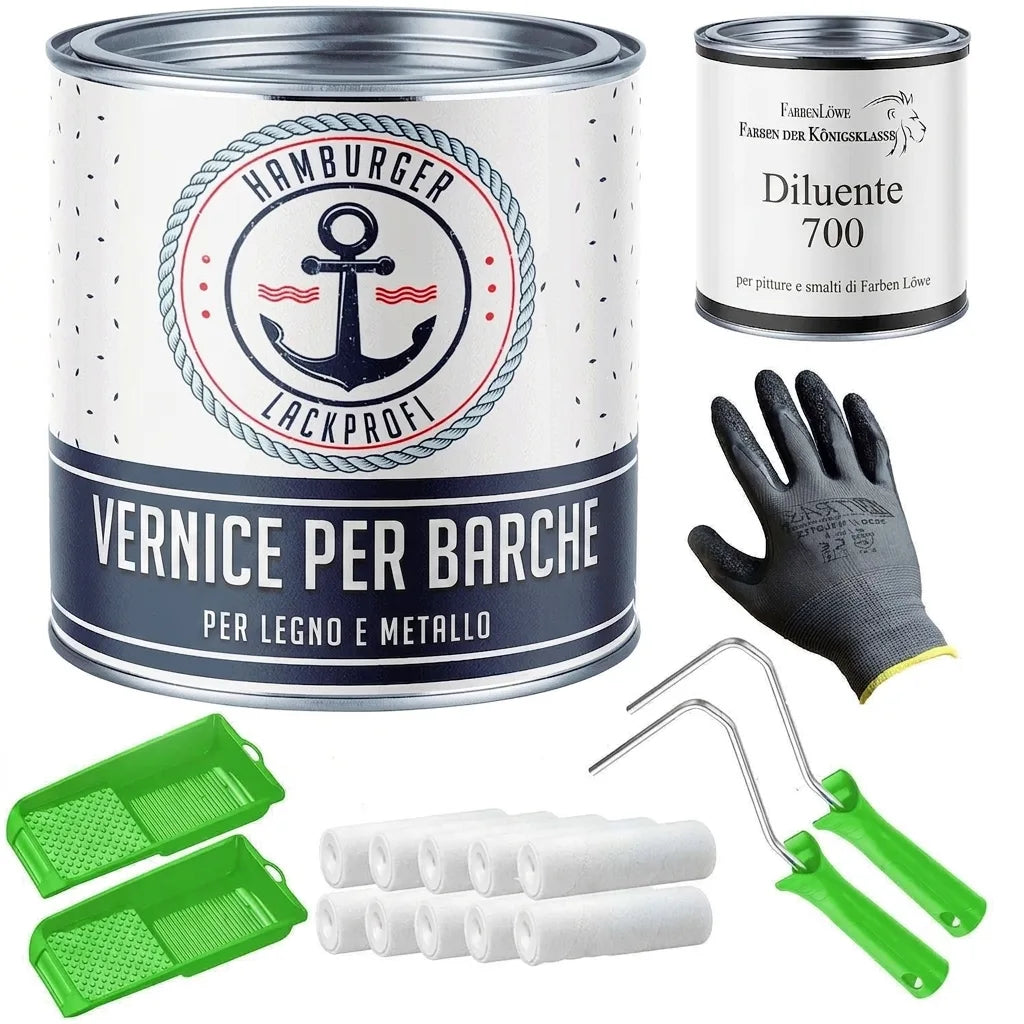 Kit completo per pittura barche: vernice, diluente, 8 rulli, 2 telai, 2 vaschette, guanto protettivo.