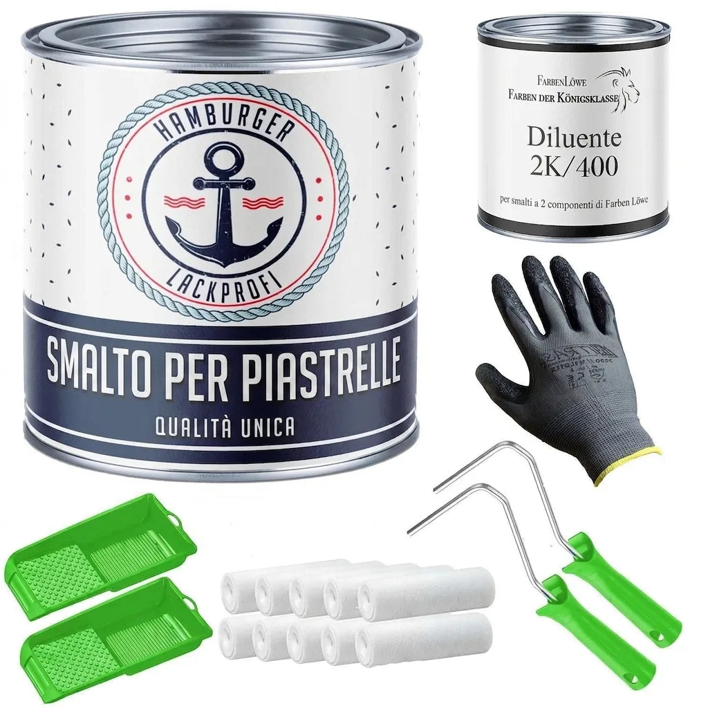 Kit verniciatura piastrelle professionale: smalto, diluente, rulli, vaschette, guanti da lavoro.