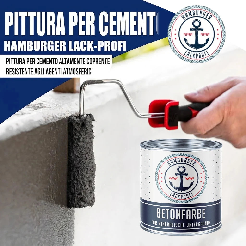 Pittura grigia per cemento Hamburger Lack-Profi, applicata con rullo. Alta copertura, resistente intemperie.