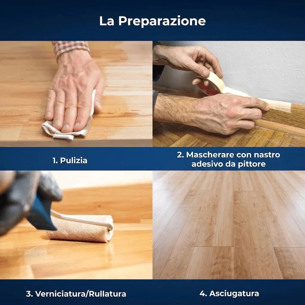 Passi per la preparazione e il trattamento del pavimento in legno: pulizia, mascheratura, pittura, asciugatura.