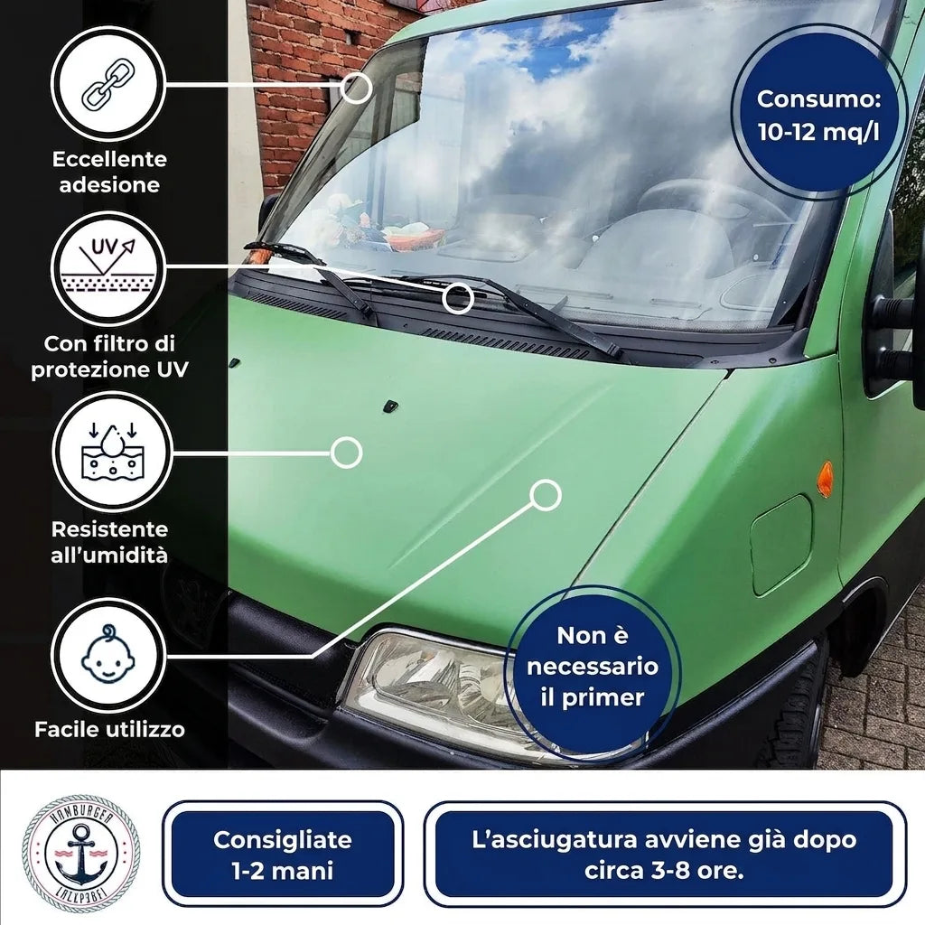 Vernice per furgoni con adesione eccellente, protezione UV, resistente all'umidità. Facile da usare, senza primer, asciuga in 3-8 ore.