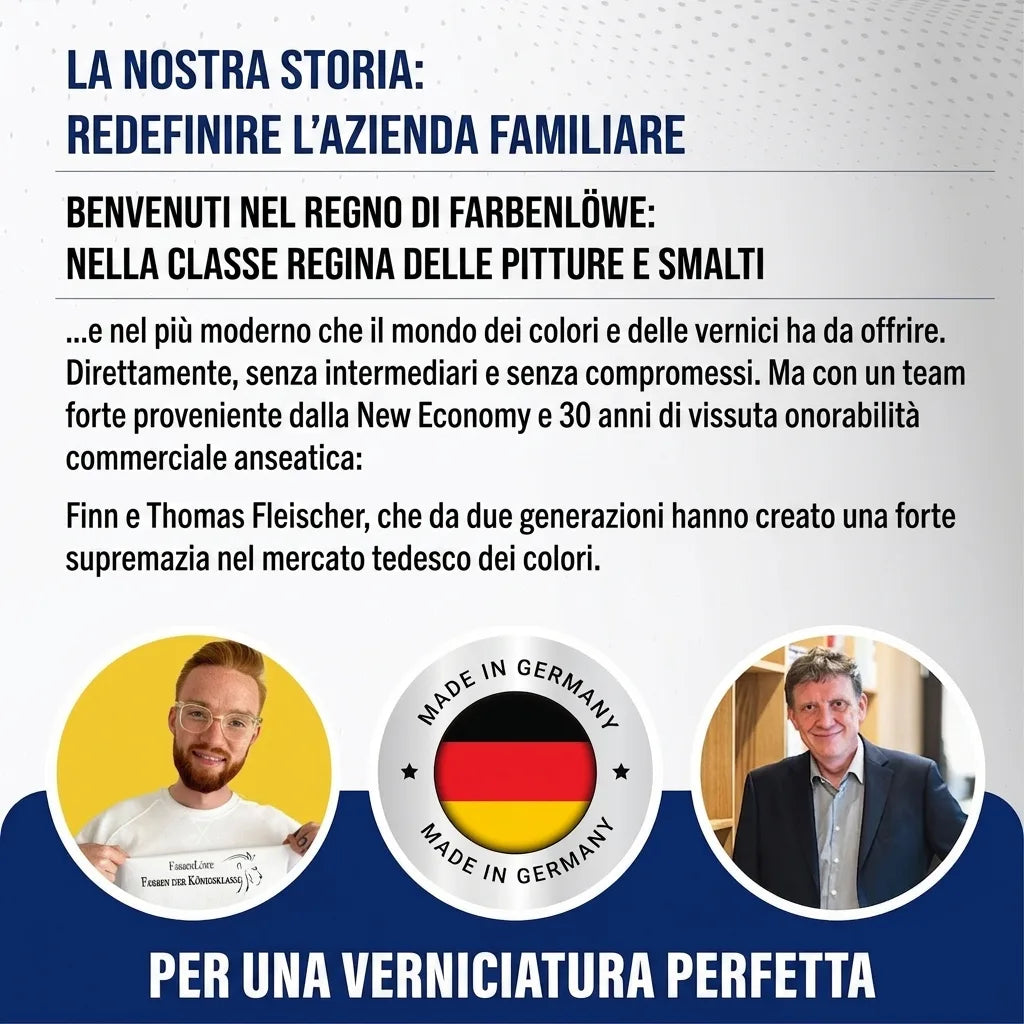 Descrizione azienda tedesca di vernici Farbenlöwe con fondatori Finn e Thomas Fleischer e claim 'Made in Germany'.