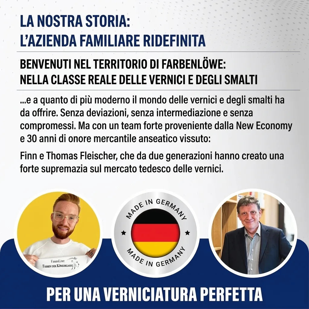 Fondatori di un'azienda familiare tedesca di vernici. Testi in tedesco: la nostra storia, benvenuto nel mondo Farbenlöwe.