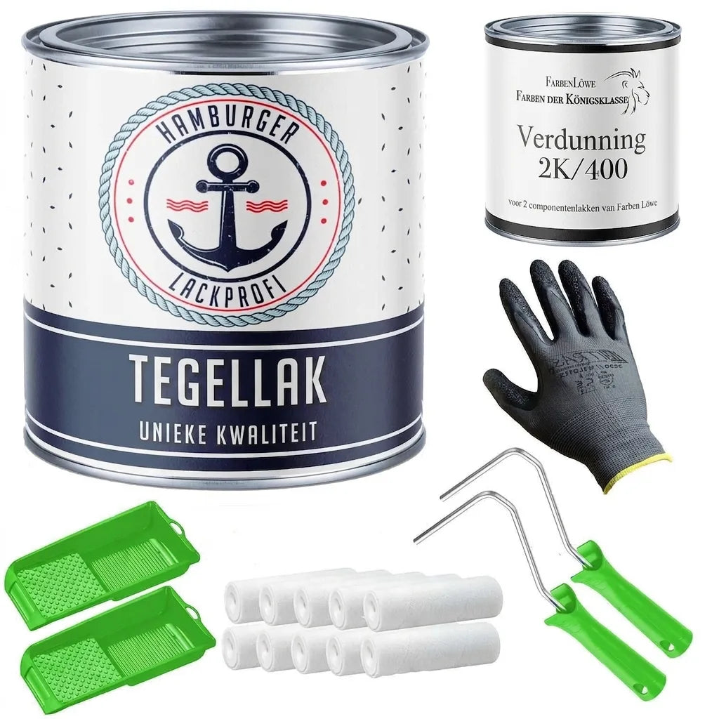 Tegelverf set met Hamburger Lackprofi Fliesenlack, Farbenlöwe verdunner, verfrollers, verfbakjes en handschoenen.
