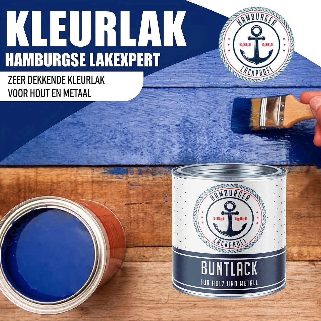 Blauwe dekkende kleurlak (Buntlack) van Hamburger Lack-Profi voor hout en metaal. Verfpot met ankerlogo.