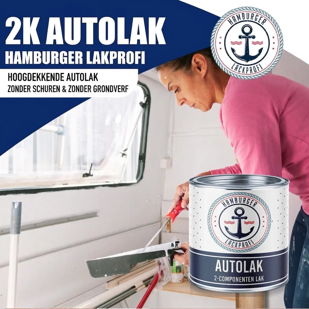 Vrouw schildert camper interieur met Hamburger Lack-Profi 2K autolak. Dekkende 2-componenten lak, zonder schuren of primer.