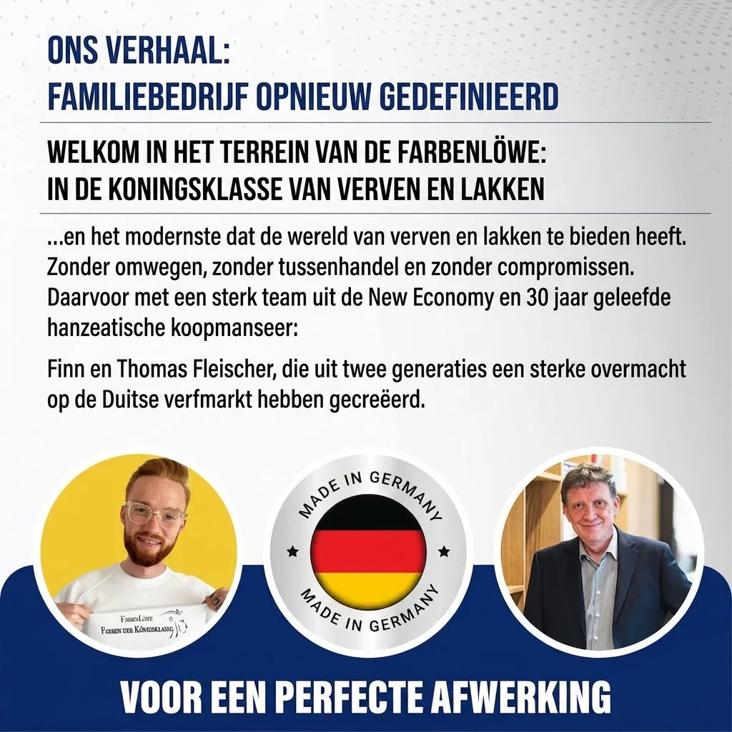 Farbenlöwe: familiebedrijf voor topkwaliteit verf & lak, opgericht door Finn & Thomas Fleischer. Made in Germany.