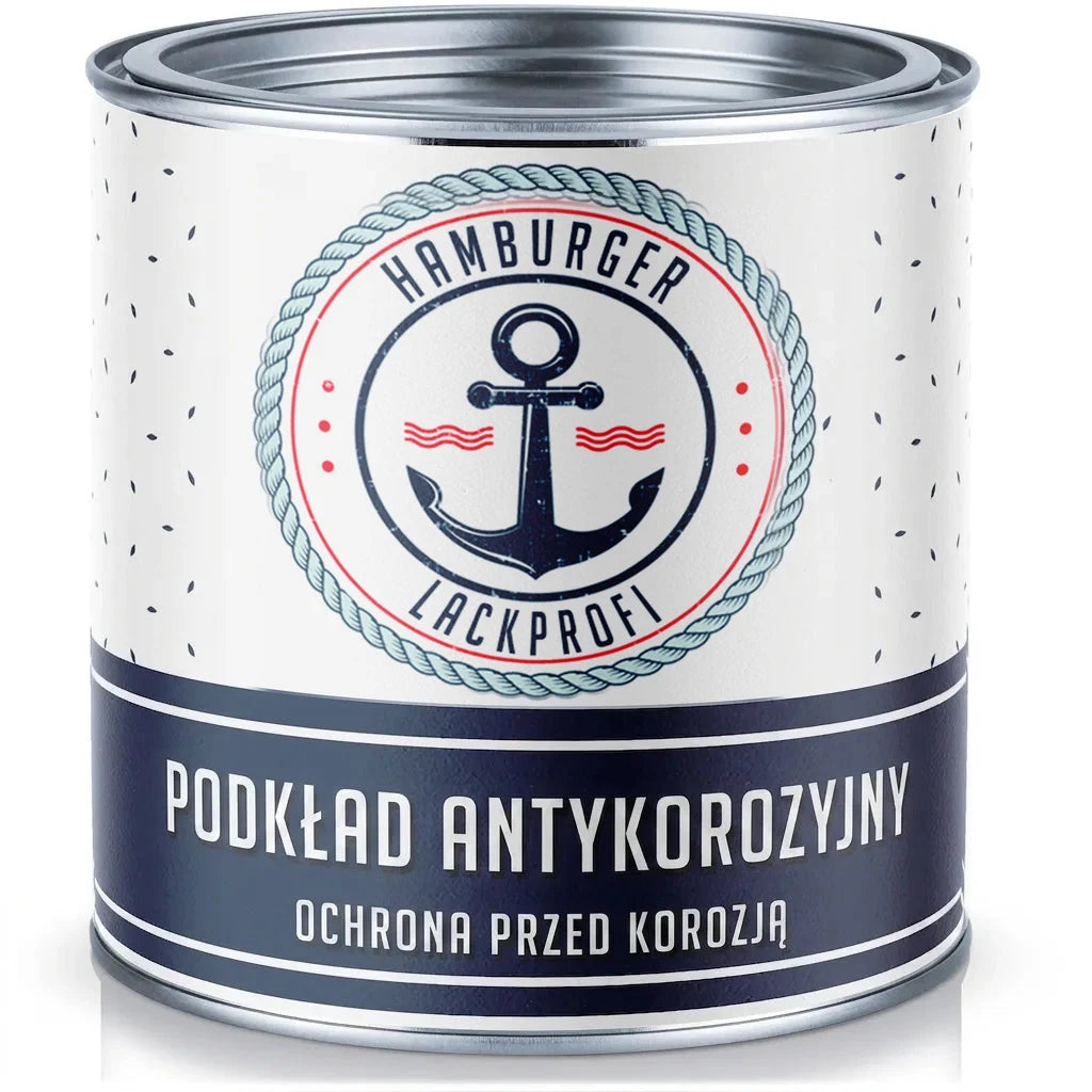 Metalowa puszka podkładu antykorozyjnego Hamburger Lackprofi z napisem „ROSTSCHUTZGRUNDIERUNG”.