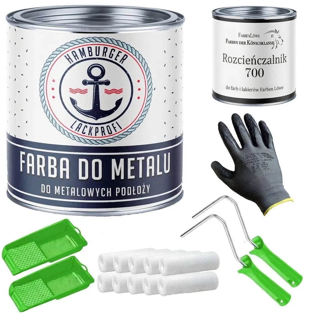 Zestaw: puszka farby do metalu, rozcieńczalnik, rękawiczki, wałki malarskie, uchwyty i kuwety.