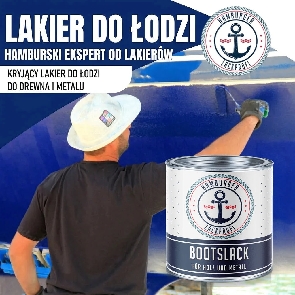 Mężczyzna maluje łódź na niebiesko. Obok puszka farby "BOOTSLACK FÜR HOLZ UND METALL" Hamburger Lackprofi.