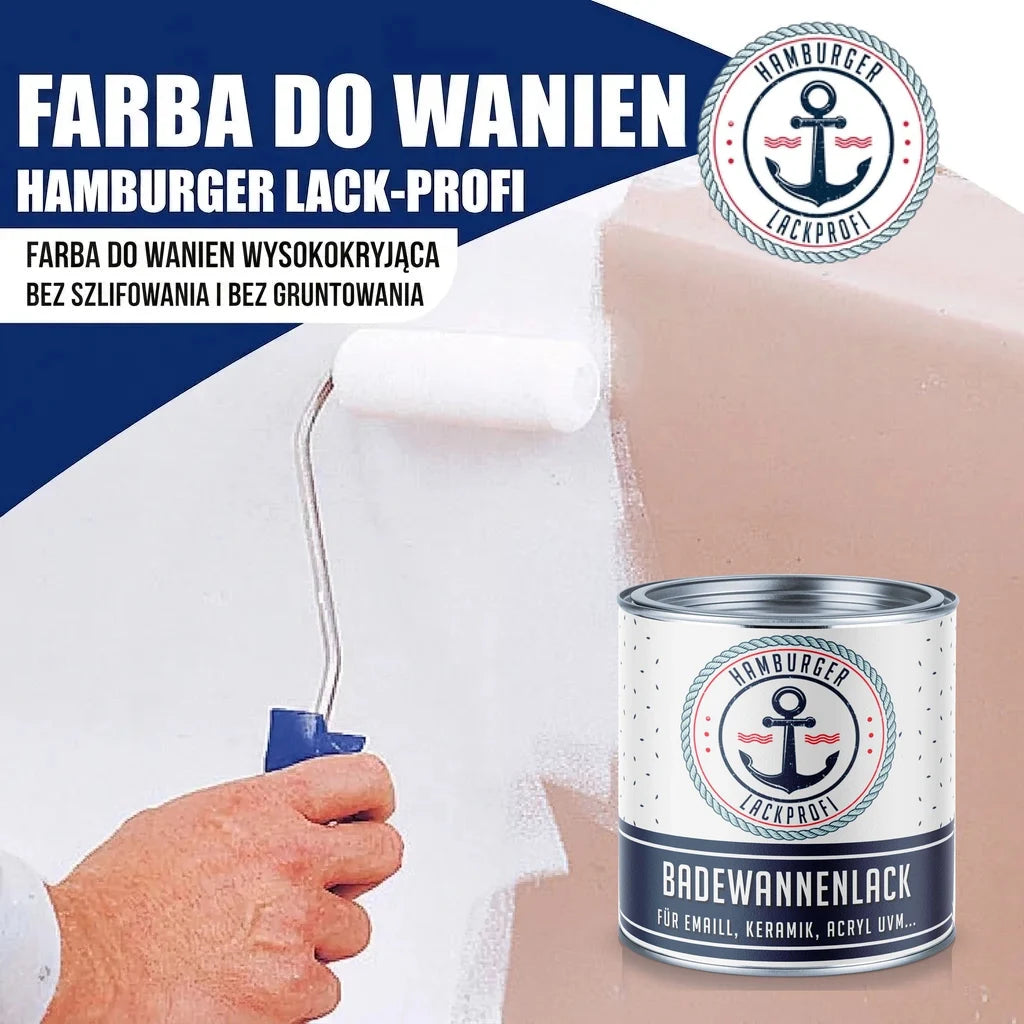 Farba do wanien Hamburger Lack-Profi. Malowanie wanny wałkiem, widoczna puszka "BADEWANNENLACK".