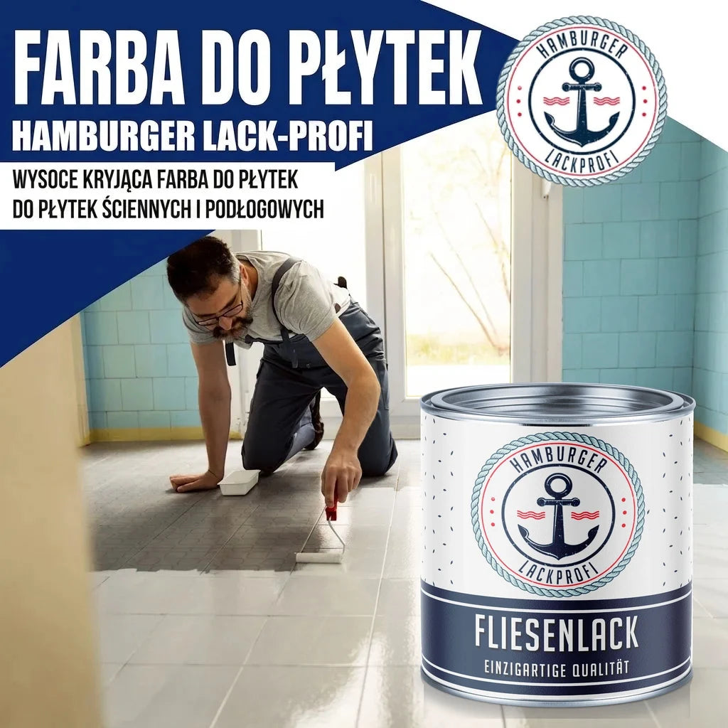 Mężczyzna maluje płytki podłogowe. Puszka farby "FLIESENLACK" marki Hamburger Lack-Profi.