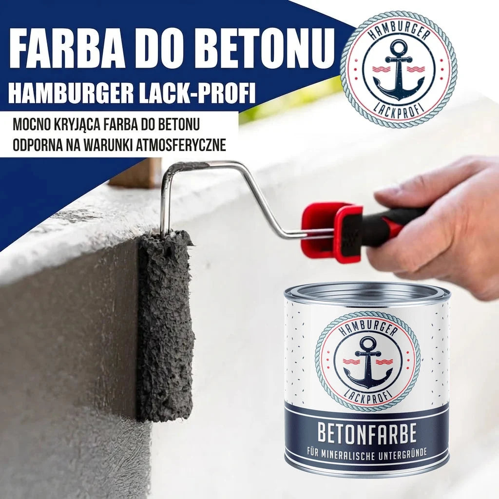 Farba do betonu Hamburger Lack-Profi. Malowanie betonu wałkiem. Na puszce: "BETONFARBE FÜR MINERALISCHE UNTERGRÜNDE".