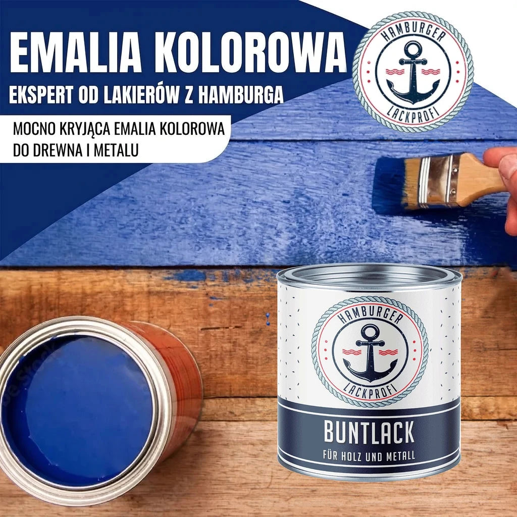 Niebieska emalia "Buntlack" do drewna i metalu marki Hamburger Lackprofi. Malowanie pędzlem.
