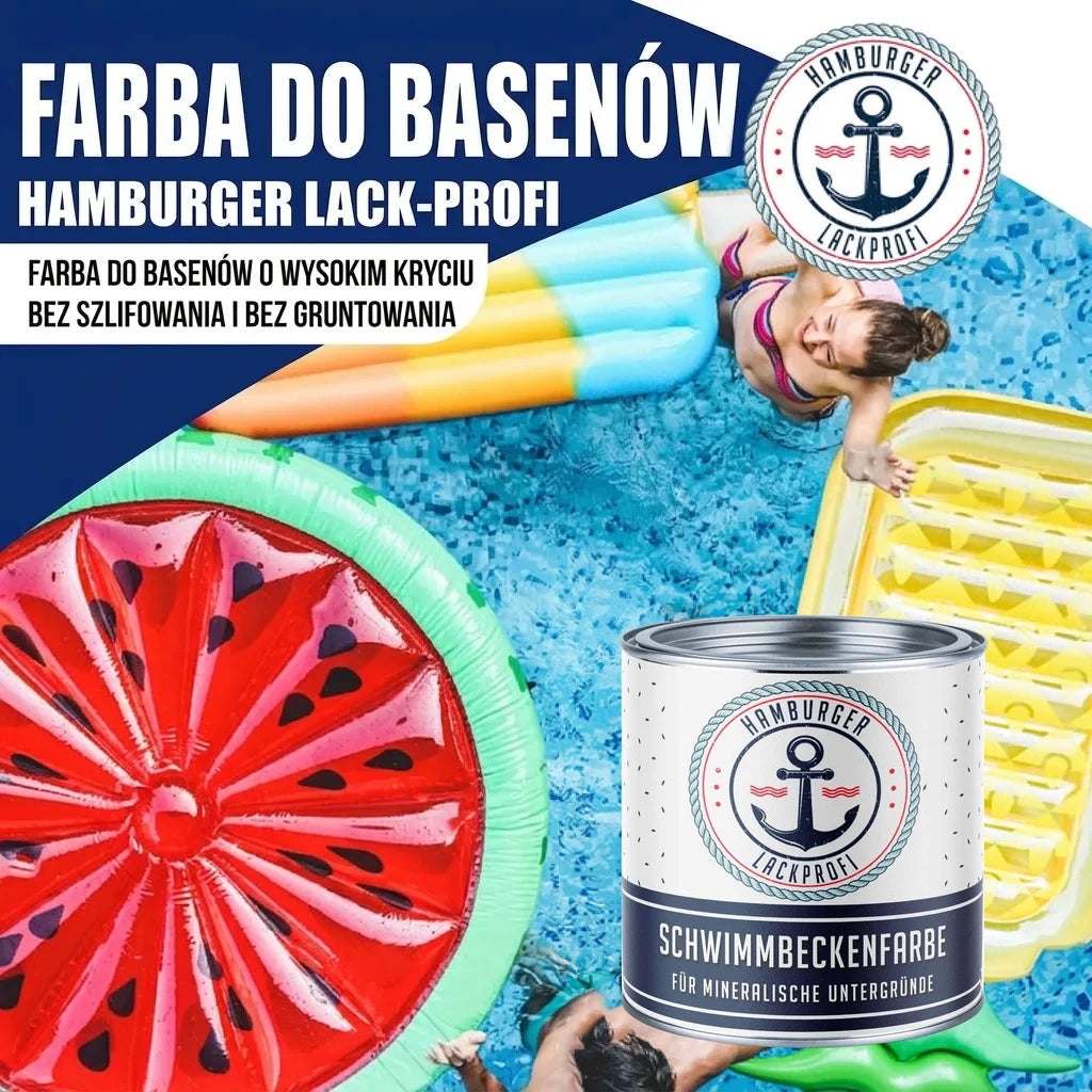 Farba do basenów Hamburger Lack-Profi. Kobieta w basenie z materacami. Puszka "SCHWIMMBECKENFARBE".