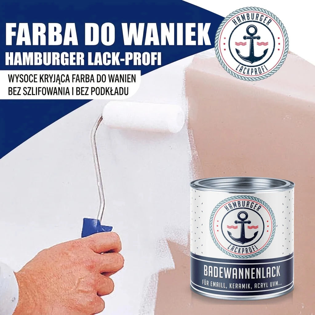 Osoba malująca wannę białą farbą wałkiem. Puszka farby do wanien 'Hamburger Lack-Profi' z kotwicą na etykiecie.