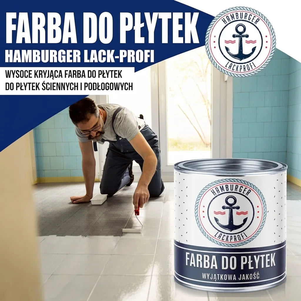 Mężczyzna maluje płytki. Puszka farby do płytek Hamburger Lack-Profi do ścian i podłóg.